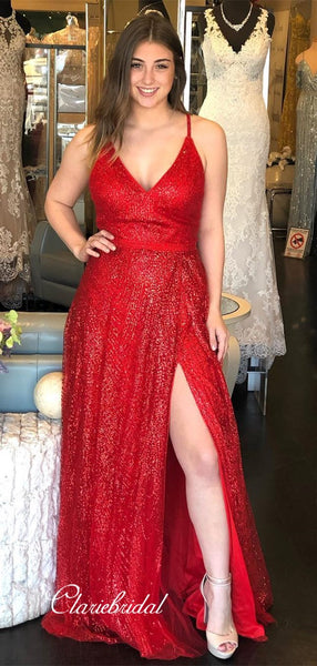 High Slit Sequins Long Prom Dresses, Simple Prom Dresses, 2020 Prom Dresses