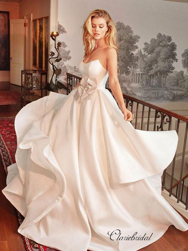 Strapless A-line Satin Wedding Dresses, Elegant Unique Wedding Dresses