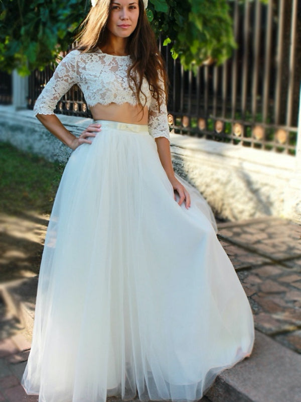 Two Pieces Popular Wedding Dresses, A-line Tulle Wedding Dresses, Lace Wedding Dresses