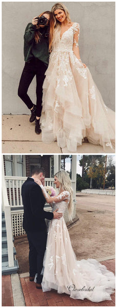 V-neck Lace Long Wedding Dresses, Long Sleeves A-line Wedding Dresses