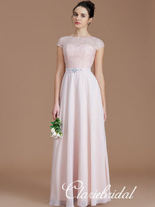 Cap Sleeves A-line Lace Chiffon Beaded Long Bridesmaid Dresses