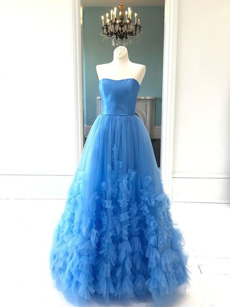 Sweetheart Long A-line Blue Tulle Ruffled Prom Dresses, Tulle Prom Dresses. Newest Prom Dresses