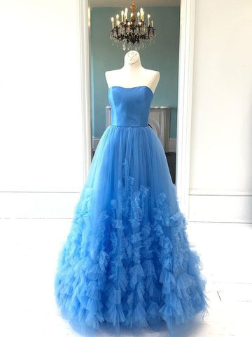 Sweetheart Long A-line Blue Tulle Ruffled Prom Dresses, Tulle Prom Dresses. Newest Prom Dresses