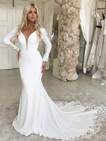 Long Sleeves Lace Wedding Dresses, V-neck Newest Mermaid Wedding Dresses