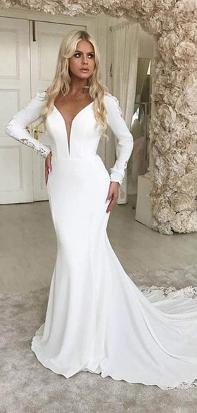 Long Sleeves Lace Wedding Dresses, V-neck Newest Mermaid Wedding Dresses