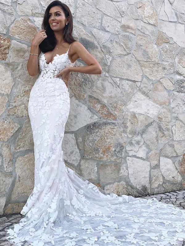 Spaghetti Straps Lace Long Wedding Dresses, 2020 Mermaid Lace Wedding Dresses