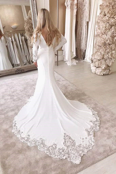 Long Sleeves Lace Wedding Dresses, V-neck Newest Mermaid Wedding Dresses