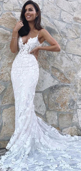 Spaghetti Straps Lace Long Wedding Dresses, 2020 Mermaid Lace Wedding Dresses