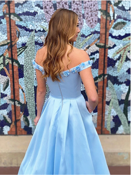 A-line Satin Long Prom Dresses, Off The Shoulder Appliques Prom Dresses