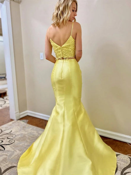 Yellow Color Two Pieces Long Prom Dresses, Fashion Mermaid 2020 New Prom Dresses