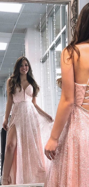 Spaghetti Straps Sequins Long Prom Dresses, Slit Popular Prom Dresses Newest