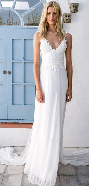 Spaghetti Straps Lace Simple Wedding Dresses, Open Back Fashion Wedding Dresses