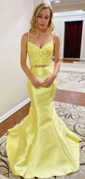 Yellow Color Two Pieces Long Prom Dresses, Fashion Mermaid 2020 New Prom Dresses