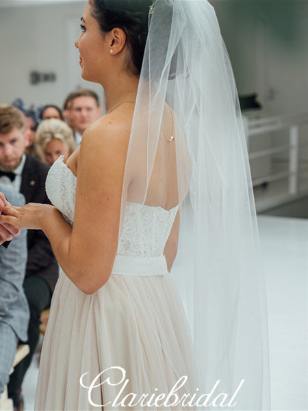 Sweetheart Long A-line Lace Tulle Wedding Dresses With Beaded Belt