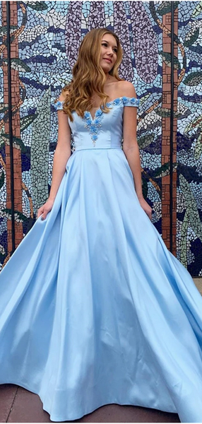A-line Satin Long Prom Dresses, Off The Shoulder Appliques Prom Dresses