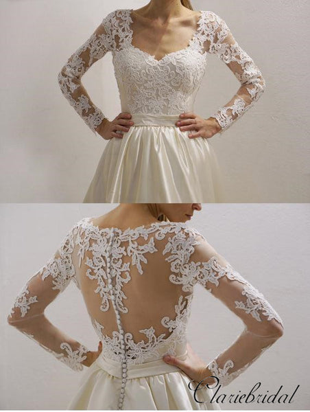 Long Sleeves V-neck Lace Top Satin Wedding Dresses, Bridal Gown