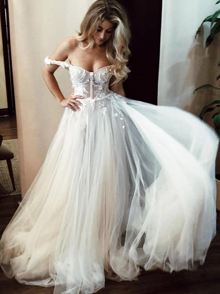 Off Shoulder Ivory Lace Tulle Weddding Dresses, Long Weddding Dresses, Country Long Wedding Dresses