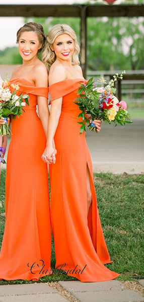 Orange Off The Shoulder Bridesmaid Dresses, Slit Bridesmaid Dresses