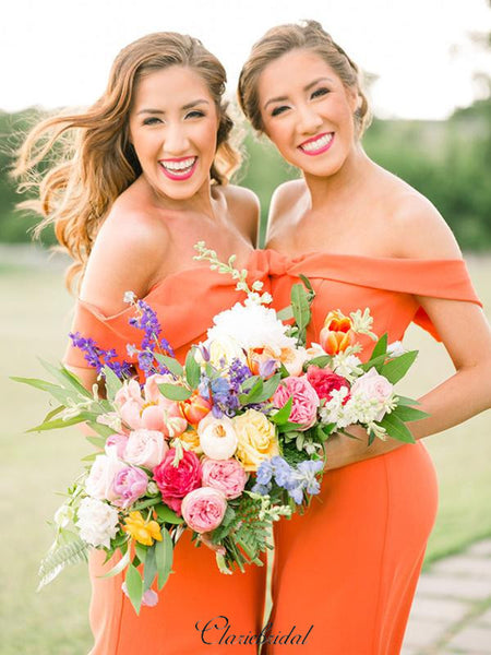 Orange Off The Shoulder Bridesmaid Dresses, Slit Bridesmaid Dresses