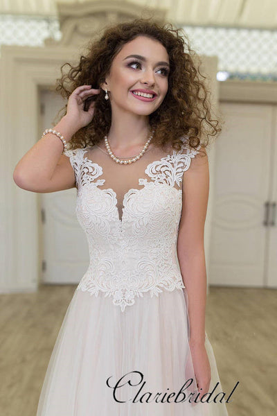 Elegant Lace Top A-line Ivory Tulle Long Wedding Dresses, Bridal Gown