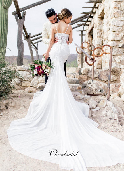 Spaghetti Straps Fancy Wedding Dresses, Elegant Lace Bridal Gowns