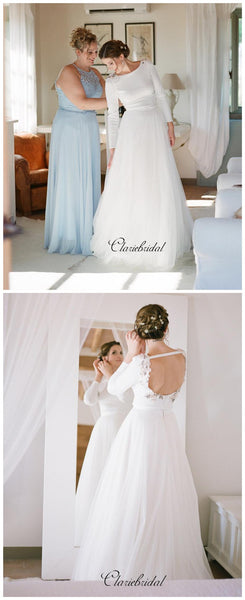 Long Sleeves Beaded Wedding Dresses, Tulle A-line Wedding Dresses