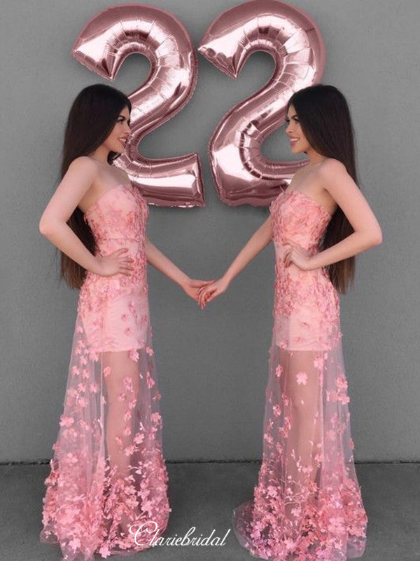 Fancy Strapless Long Prom Dresses, Appliques Prom Dresses, Elegant Prom Dresses