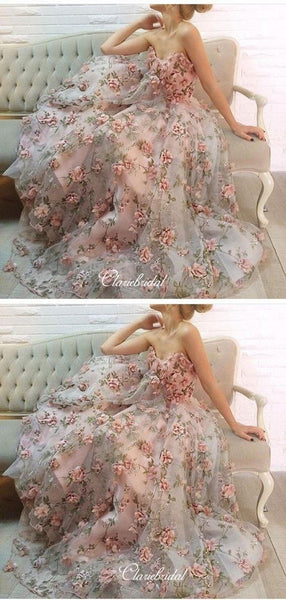 Strapless Sweetheart Long Prom Dresses, Appliques Elegant 2020 Prom Dresses