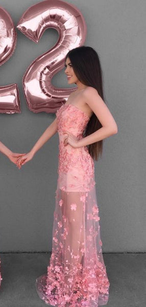 Fancy Strapless Long Prom Dresses, Appliques Prom Dresses, Elegant Prom Dresses