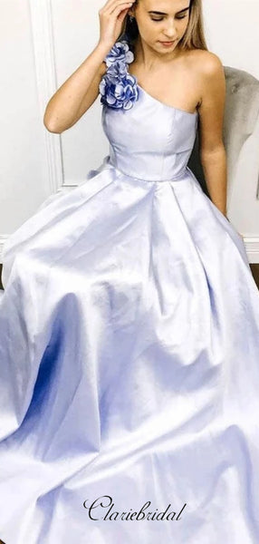 One Shoulder A-line Long Prom Dresses, Appliques Popular Prom Dresses