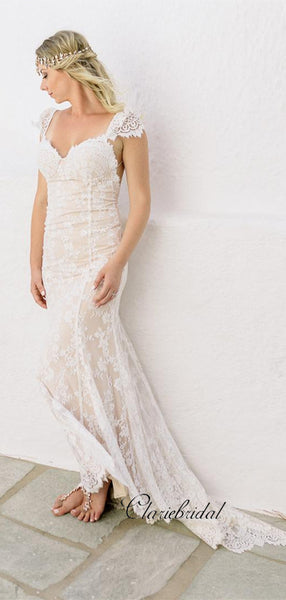 New Trendy Beach Wedding Dresses, Fashion Lace Open Back Wedding Dresses