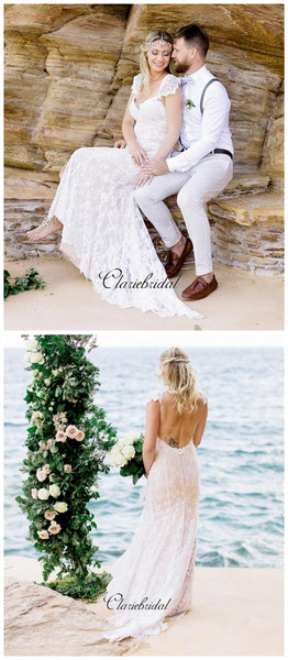 New Trendy Beach Wedding Dresses, Fashion Lace Open Back Wedding Dresses