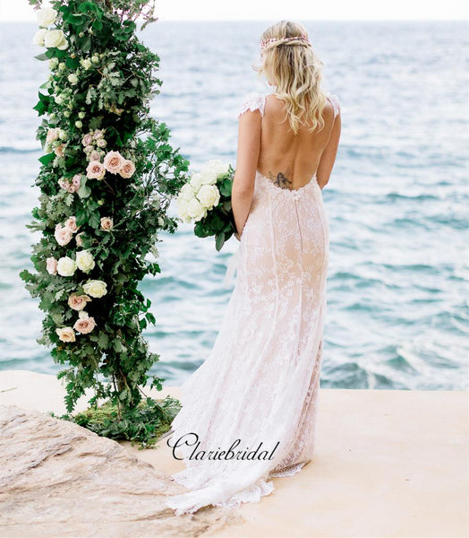 New Trendy Beach Wedding Dresses, Fashion Lace Open Back Wedding Dresses