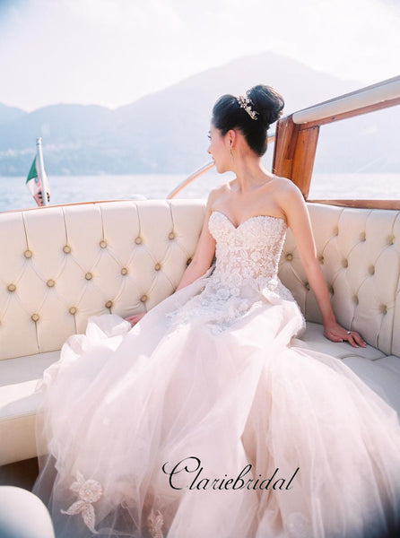 Strapless Tulle A-line Wedding Dresses, Lace Elegant Wedding Dresses