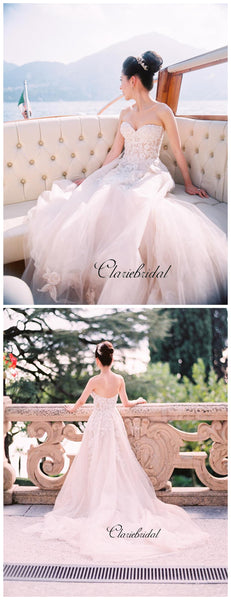 Strapless Tulle A-line Wedding Dresses, Lace Elegant Wedding Dresses