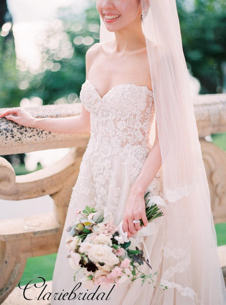 Strapless Tulle A-line Wedding Dresses, Lace Elegant Wedding Dresses