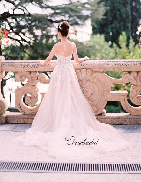 Strapless Tulle A-line Wedding Dresses, Lace Elegant Wedding Dresses