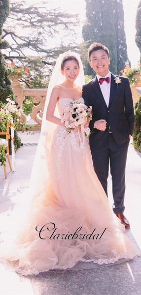 Strapless Tulle A-line Wedding Dresses, Lace Elegant Wedding Dresses