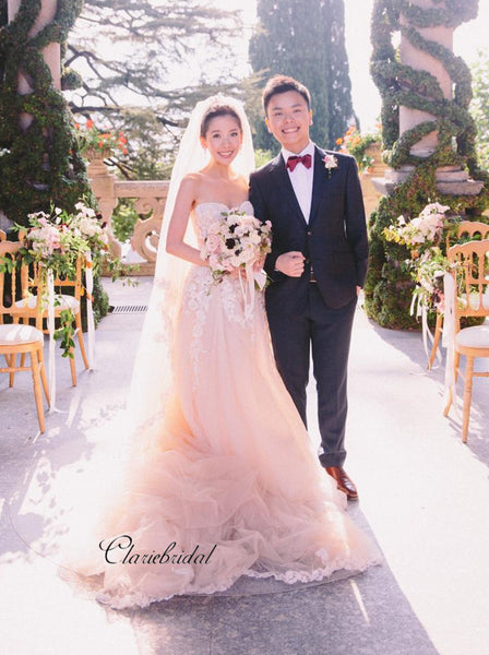 Strapless Tulle A-line Wedding Dresses, Lace Elegant Wedding Dresses