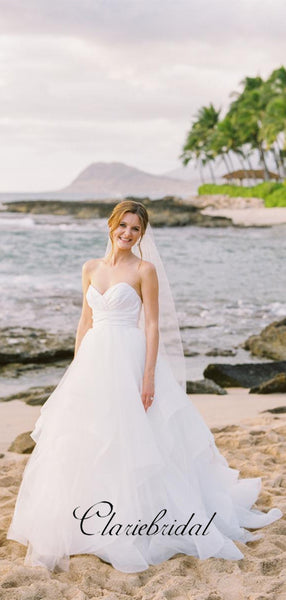 Sweetheart Strapless Beach Wedding Dresses, Tulle A-line Elegant Wedding Dresses