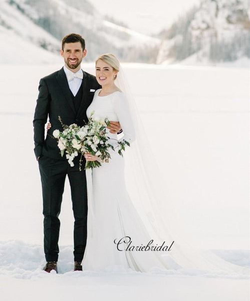 Long Sleeves Lace Wedding Dresses, Simple Popular Bridal Gowns, Wedding Dresses