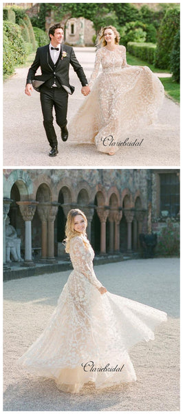 Long Sleeves Popular Lace Wedding Dresses, Elegant A-line Wedding Dresses