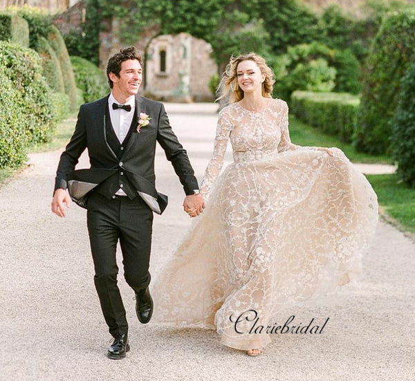 Long Sleeves Popular Lace Wedding Dresses, Elegant A-line Wedding Dresses