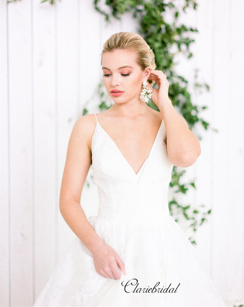 Straps V-neck A-line Wedding Dresses, Elegant Lace Bridal Gowns