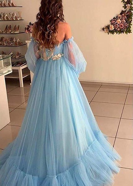 Off Shoulder Bubble Sleeved Prom Dresse, Lovely Prom Dresses, 2021 Prom Dresses, Popular Prom Dresses