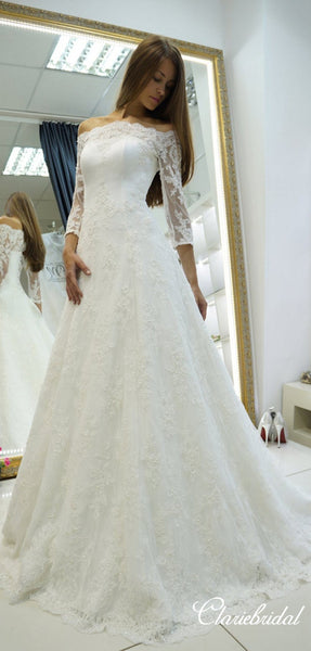 Off Shoulder 3/4 Sleeves Lace Tulle Lace Up Long Wedding Dresses