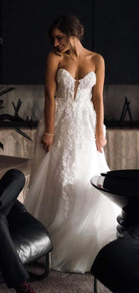 A-line Strapless Tulle Wedding Dresses, Lace Sweetheart New Bridal Gowns