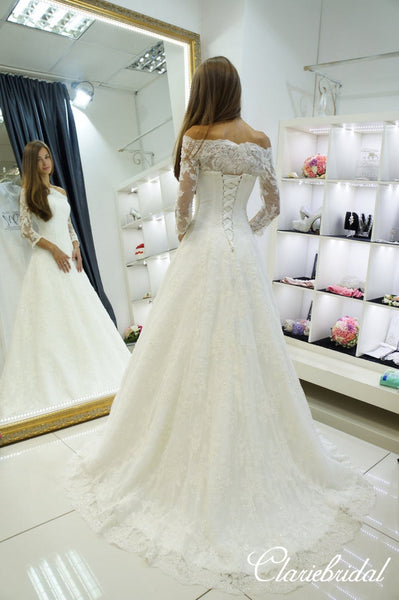 Off Shoulder 3/4 Sleeves Lace Tulle Lace Up Long Wedding Dresses