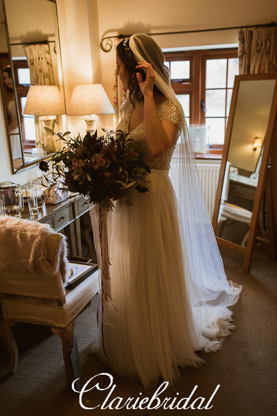 Cap Sleeves A-line Beaded Tulle Gorgeous Long Wedding Dresses