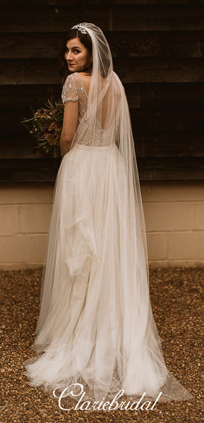 Cap Sleeves A-line Beaded Tulle Gorgeous Long Wedding Dresses